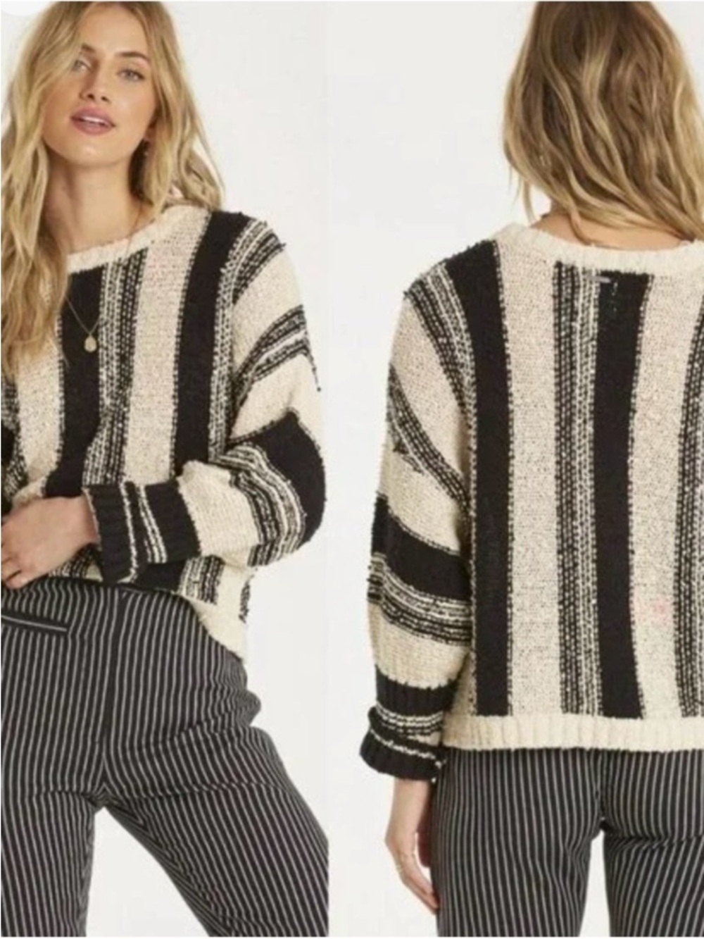 Billabong Black & Cream Striped Crew Sweater